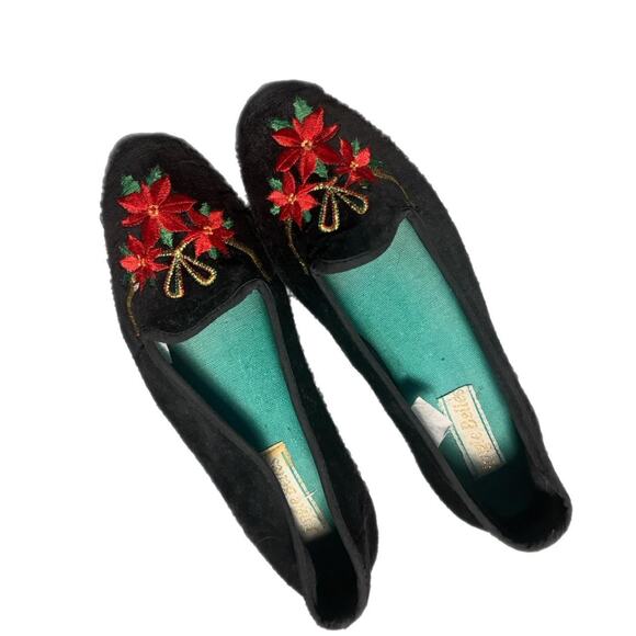1980s black suede loafers with embroidered pointsetta - Picture 1 of 5